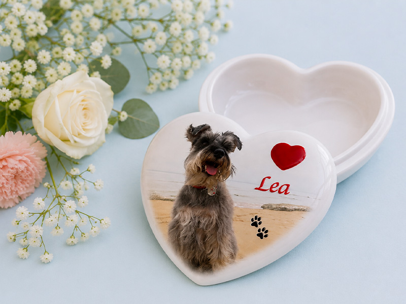 Urna Cineraria a Cuore con Stampata sopra La Foto di Un Cane